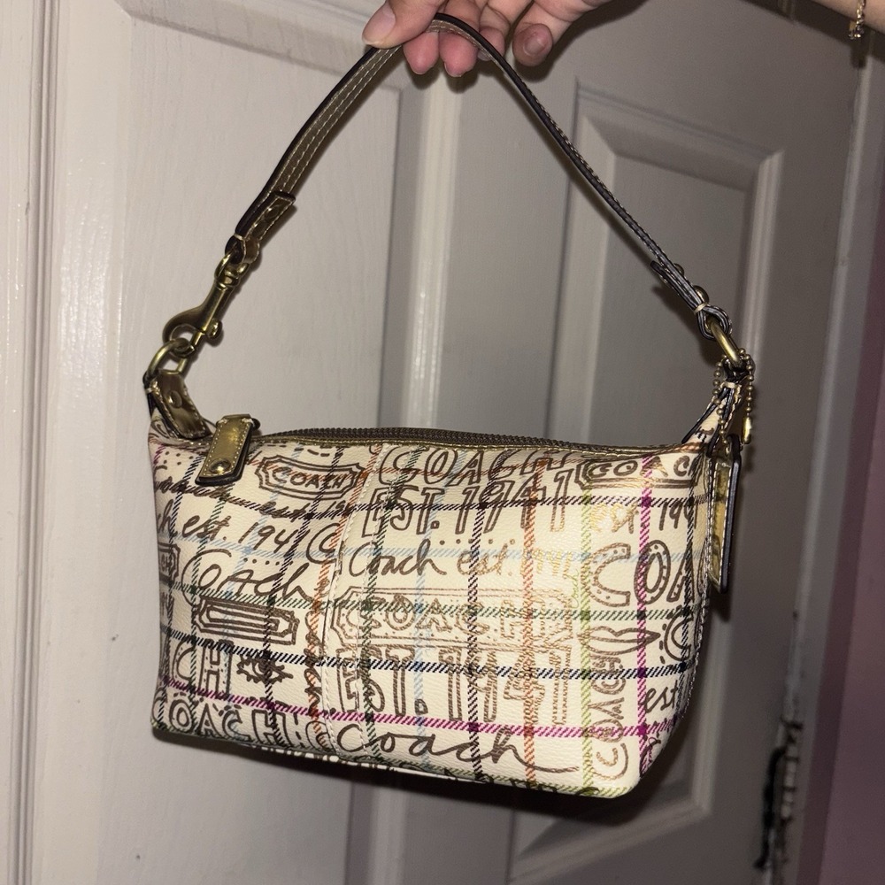 Vtg COACH HANDBAG MINI POUCH TATTERSALL GRAFFITI GOLD TOP HANDLE PURSE PLAID